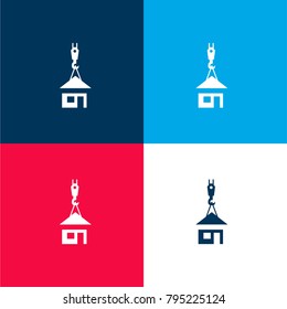 Roof holding of a crane on prefabricated house four color material and minimal icon logo set in red and blue