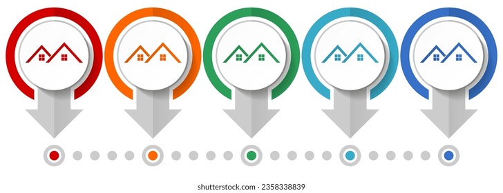 Roof, home, house vector icon set, flat design infographic template, set pointer concept icons in 5 color options for webdesign and mobile applications