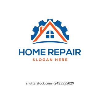 Roof home service logo design with cogwheel shape vector template.