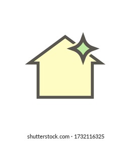 Roof and house building exterior new clean vector icon. Concept to wash services, cleanup by professional business to remove moss, dirty, leaves, leaf fall, debris, lichen. Good drain to rain gutter.
