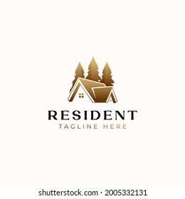 Roof House Gold Gradient Logo Template Isolated in White Background. Vector Illustration
