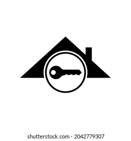 Roof house logo with key. Design template. Black and white vector clipart and drawing. Isolated simple home icon. 