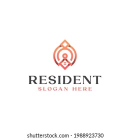 Roof House with Pin Point Monogram Logo Template. Vector Illustration