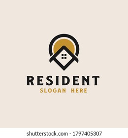 Roof house with point icon real estate logo template. Vector illustration