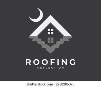 Roof House Roofing Home Rooftop Water Reflection Effect Crescent Moon Scenery Vector Logo Design