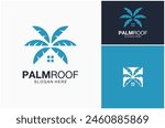 Roof House Roofing Home Window Housing Palm Coconut Tree Leaves Vector Logo Design Illustration