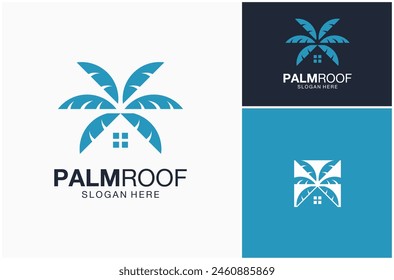 Roof House Roofing Home Window Housing Palm Coconut Tree Leaves Vector Logo Design Illustration