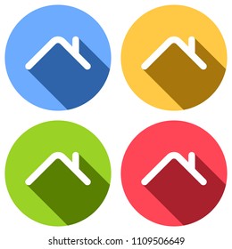 Roof of house. Simple linear icon. One line style. Set of white icons with long shadow on blue, orange, green and red colored circles. Sticker style