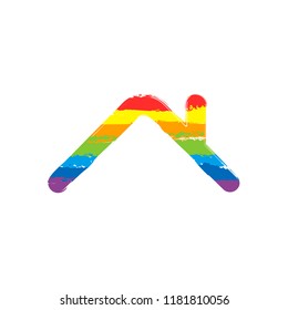 Roof of house. Simple linear icon. One line style. Drawing sign with LGBT style, seven colors of rainbow (red, orange, yellow, green, blue, indigo, violet