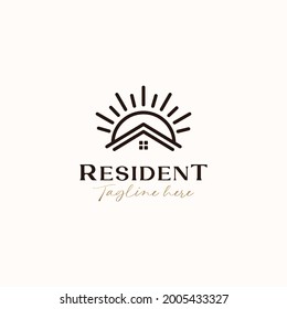 Roof House with Sunrise Gold Gradient Monoline Logo Template Isolated in White Background