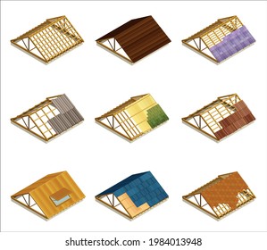 Roof As House Top Covering And Part Of Building Envelope Isometric Vector Set