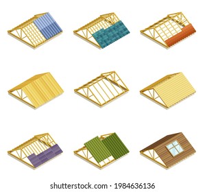 Roof As House Top Covering And Part Of Building Envelope Isometric Vector Set