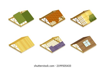 Roof As House Top Covering And Part Of Building Envelope Isometric Vector Set