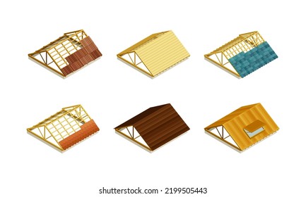 Roof As House Top Covering And Part Of Building Envelope Isometric Vector Set