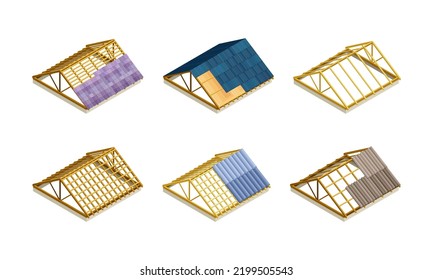 Roof As House Top Covering And Part Of Building Envelope Isometric Vector Set