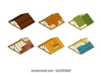 Roof as House Top Covering and Part of Building Envelope Isometric Vector Set