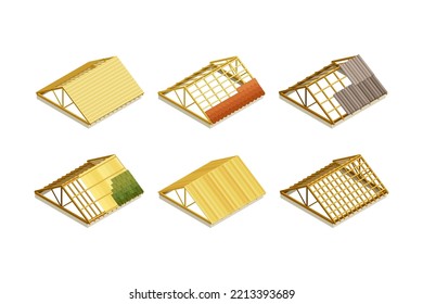 Roof as House Top Covering and Part of Building Envelope Isometric Vector Set