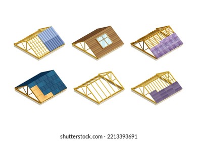 Roof As House Top Covering And Part Of Building Envelope Isometric Vector Set