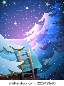 Techo de casa en la noche de invierno con estrellas y nevadas en el bosque, paisaje mágico. Sueños de Navidad, mirando fijamente al bosque. Estrellas de invierno y caricatura forestal. Ilustración artística vectorial.