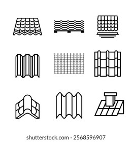 Roof, housetop construction materials, waterproofing icon set.