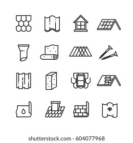 Roof, housetop construction materials, waterproofing thin vector icons