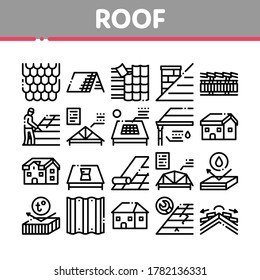 Iconos De Colección De Material De La Tapa Del Techo Colectados Vector. Construcción Resistente Al Calor, Reparación E Instalación Del Techo Inalámbrico Y A Temperatura, Concepto De Pictogramas Lineales. Ilustraciones de contorno