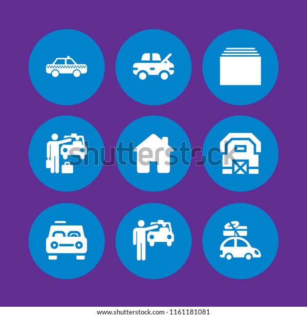 roof\
icon. 9 roof set with new, car with luggage on the roof rack,\
damage and barn vector icons for web and mobile\
app