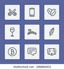 Roof icon with dog, bitcoin and wine glass editable symbols. Set of plume, smartphone, canine icons and shears concept. Editable vector elements for logo app UI design.