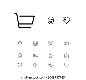 Roof icon with piggy, ticket and alarm editable symbols. Set of building, database, teacup icons and happy facial concept. Editable vector elements for logo app UI design.