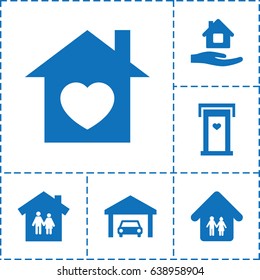 Roof icon. set of 6 roof filled icons such as door with heart, home care, home with heart, family home, garage
