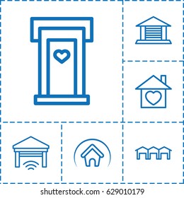 Roof icon. set of 6 roof outline icons such as door with heart, home with heart, garage