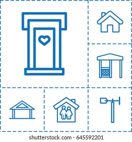 Roof icon. set of 6 roof outline icons such as home, door with heart, gazebo, weather vane