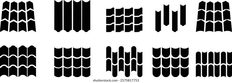 Roof icon set. Construction and roofing repair of the roof house. Property and characteristics of different types roofs. Layers of materials, tools, showcasing the texture and pattern template design