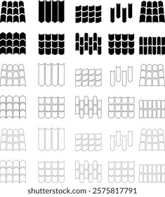 Roof icon set. Construction and roofing repair of the roof house. Property and characteristics of different types roofs. Layers of materials, tools, showcasing the texture and pattern template design