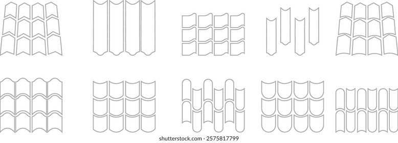 Roof icon set. Construction and roofing repair of the roof house. Property and characteristics of different types roofs. Layers of materials, tools, showcasing the texture and pattern template design