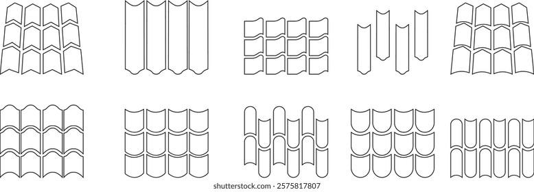 Roof icon set. Construction and roofing repair of the roof house. Property and characteristics of different types roofs. Layers of materials, tools, showcasing the texture and pattern template design