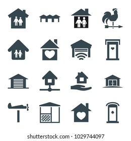 Roof icons. set of 16 editable filled roof icons such as door with heart, home care, family house, home with heart, garage, gazebo