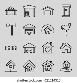 Roof icons set. set of 16 roof outline icons such as home, door with heart, garage, home care, gazebo, weather vane