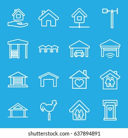 Roof icons set. set of 16 roof outline icons such as home, door with heart, garage, home care, gazebo, weather vane