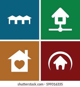 roof icons set. Set of 4 roof filled icons such as home with heart, garage