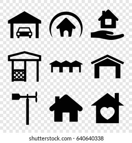 Roof Icons Set. Set Of 9 Roof Filled Icons Such As Garage, Home Care, Gazebo, Weather Vane, Home With Heart