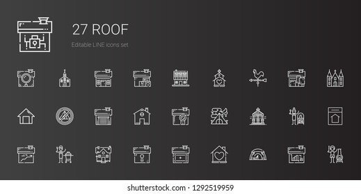 Roof Icons Set. Collection Of Roof With Tent, House, Ceramic, Veranda, Home, Garage, Weather Vane, Church, Farm House, Chimney, Terracotta. Editable And Scalable Roof Icons.