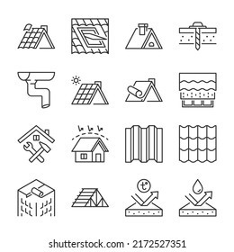 Roof icons set. Construction and roofing repair of the roof of the house. Property and characteristics of different types of roofs. Layers of materials, tools, linear icon. Line with editable stroke - Shutterstock ID 2172527351