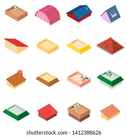Roof icons set. Isometric set of 16 roof vector icons for web isolated on white background