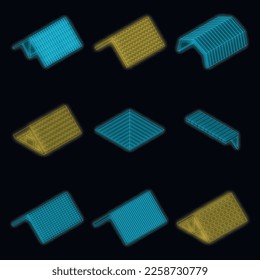 Roof icons set. Isometric set of roof vector icons neon on black isolated