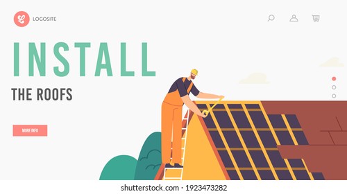 Roof Installation Landing Page Template. Roofer Man Residential Building Renovation. Roof Construction Worker Character Roofing Works, Repair Home, Fixing Tiling Rooftop. Cartoon Vector Illustration