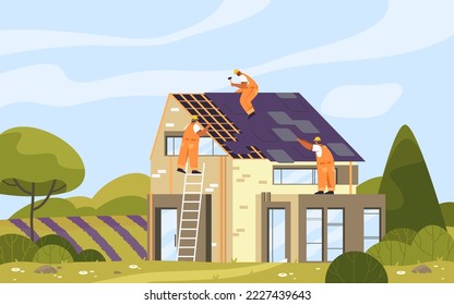 Roof installation or montage, vector banner or background. Builders or roofers install the roof tiles. Roofing or roof repair service. Facade of modern building. Countryside landscape.