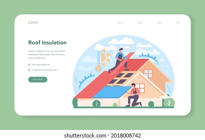 Dachisolierungs-Web-Banner oder Landing-Seite. Wärmedämmung oder Schalldämmung. Arbeiter, die Isoliermaterialien herstellen. Bauservice, Haussanierung. Einzelne flache Vektorgrafik