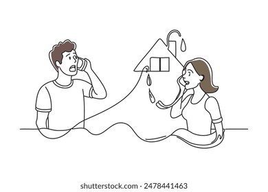 Roof is Leaking, Pipe Rupture at Home Angry Couple Calling Insurance Company, doodle continuous line art vector illustration