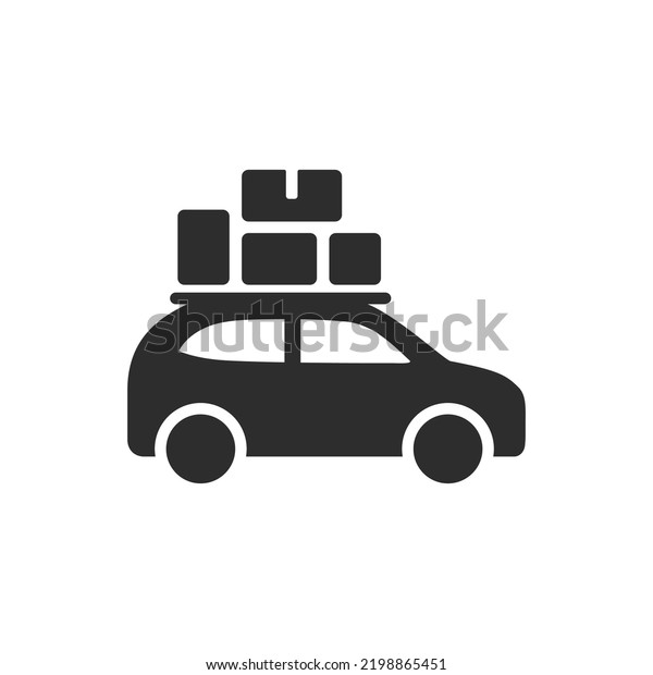 roof luggage icon. Car\
with boxes on roof. Moving things by car. Monochrome black and\
white symbol